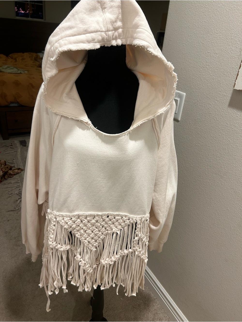 Free People Cream Hooded Fringe Poncho Sweater